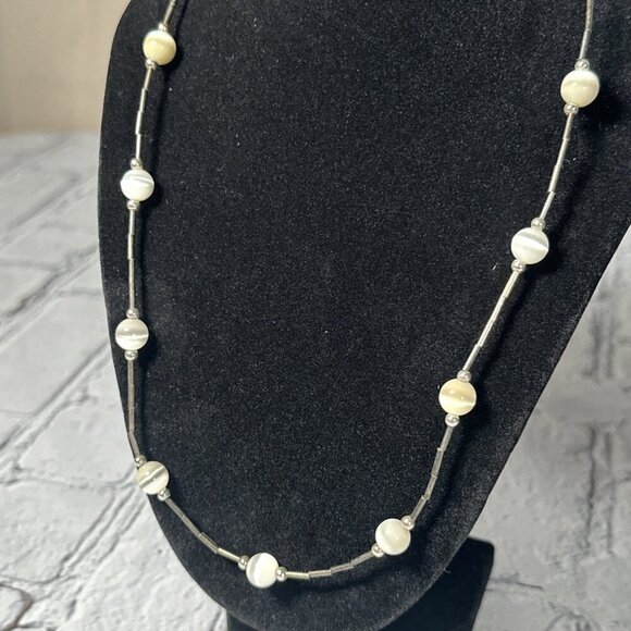 Vintage Silver Tube Bead Round White Cat Eye Glass Bead Necklace And Bracelet - Picture 4 of 13